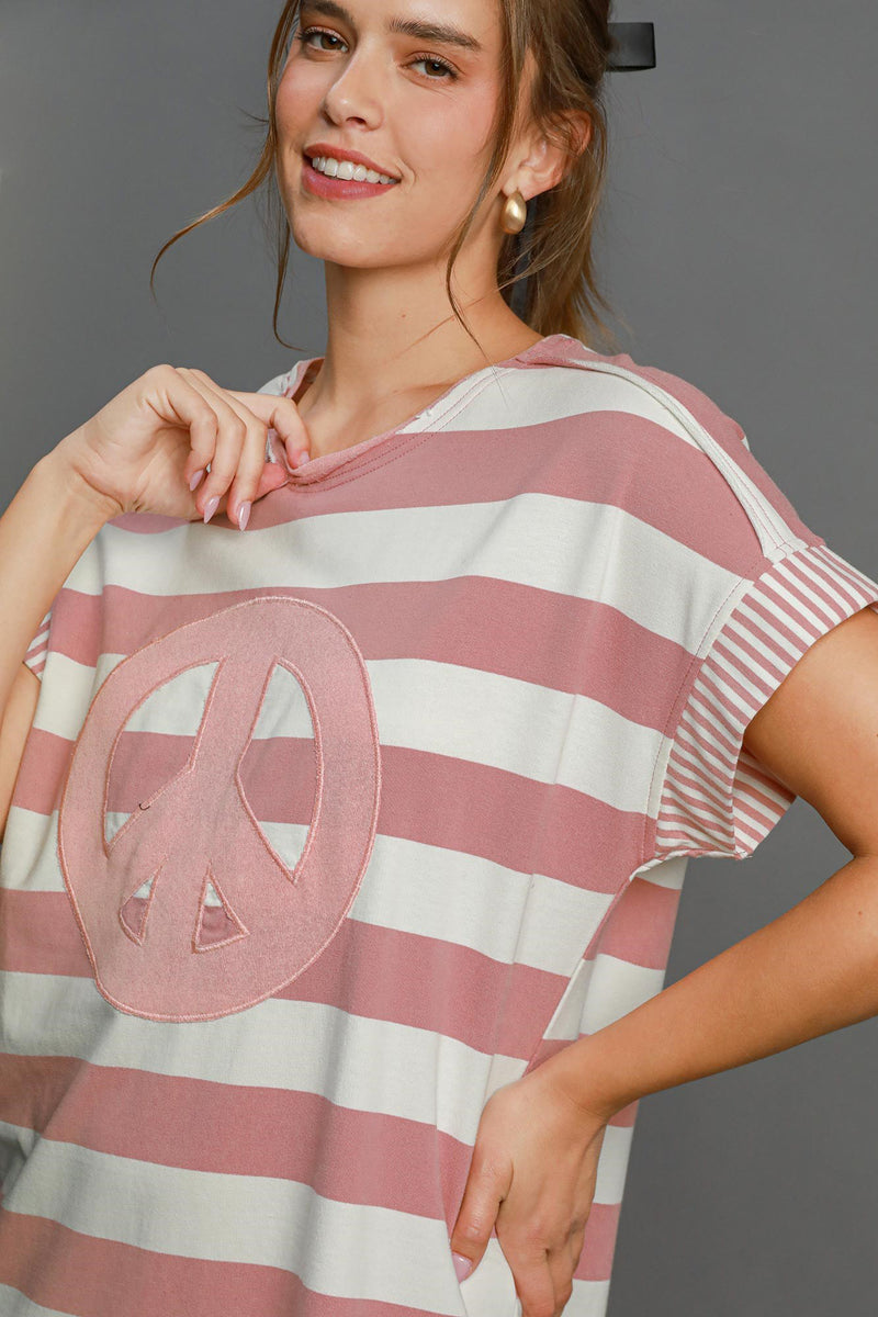 Umgee Peace Applique Striped Short Sleeve Mini Dress in Pink | URBAN ECHO SHOP