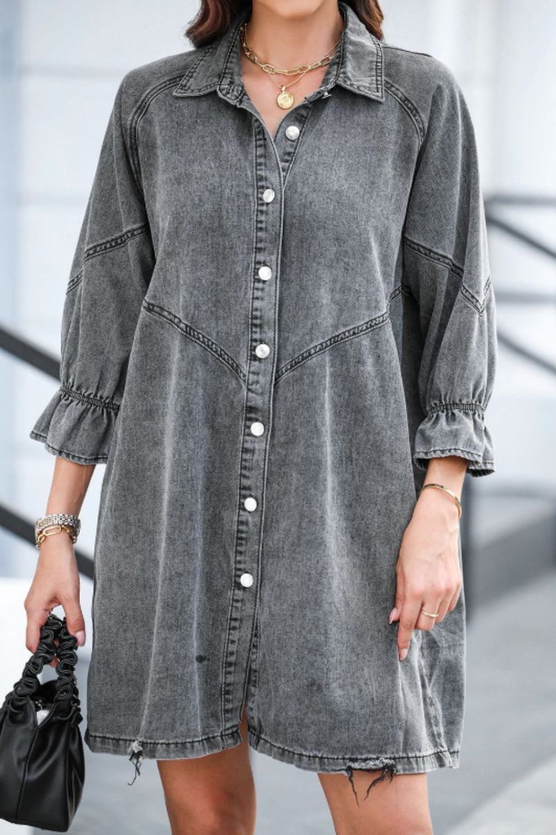 Baylor Distressed Collared Neck Flounce Sleeve Denim Dress | URBAN ECHO SHOP