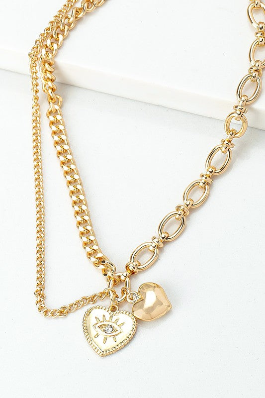 Asymmetric Mix Chain Heart Eye Pendant Necklace | URBAN ECHO SHOP