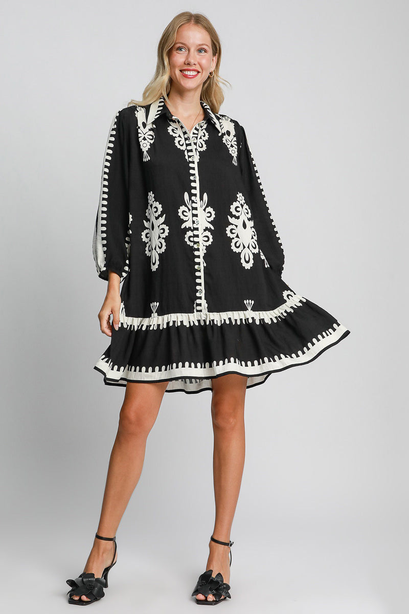 Umgee Border Print Button Down Ruffled Hem Dress | URBAN ECHO SHOP