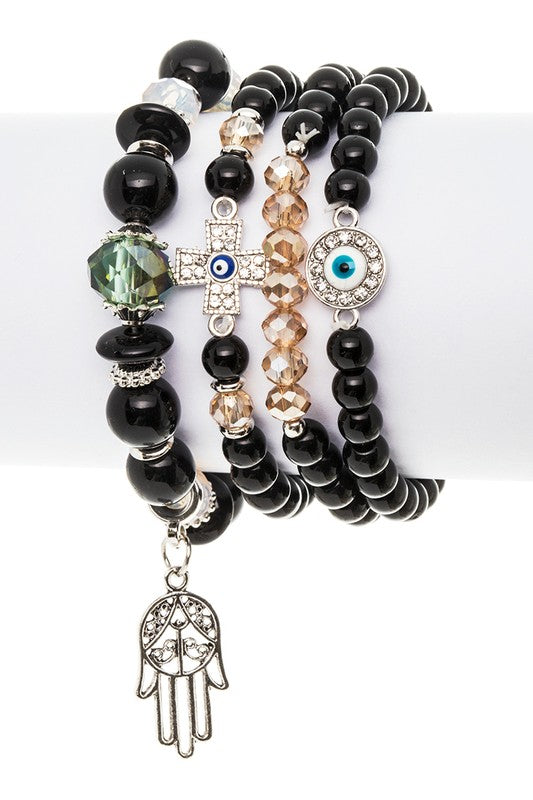 Crystal Cross and Evil Eye Mix Charm Bracelet Set is Adorably Stylish