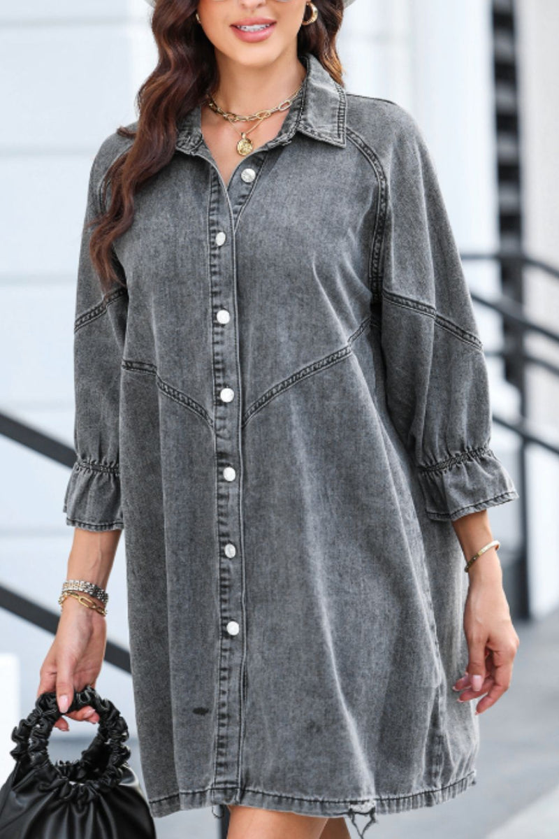 Baylor Distressed Collared Neck Flounce Sleeve Denim Dress | URBAN ECHO SHOP