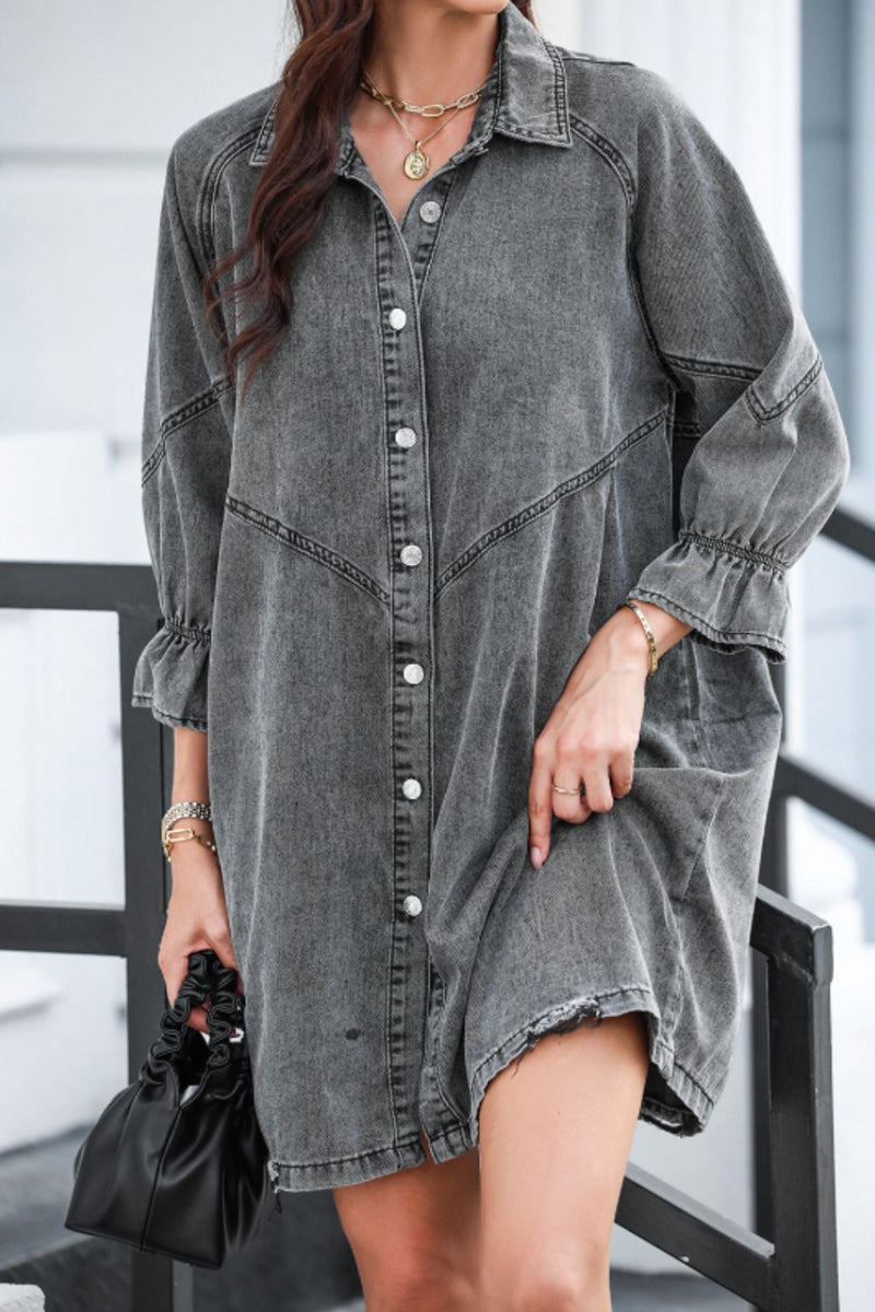 Baylor Distressed Collared Neck Flounce Sleeve Denim Dress | URBAN ECHO SHOP