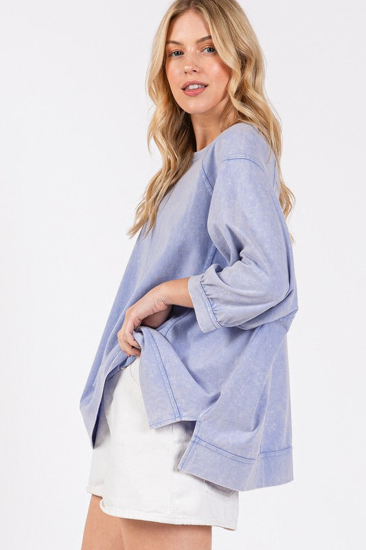 SAGE + FIG Mineral Washed Side Slit Round Neck Sweatshirt