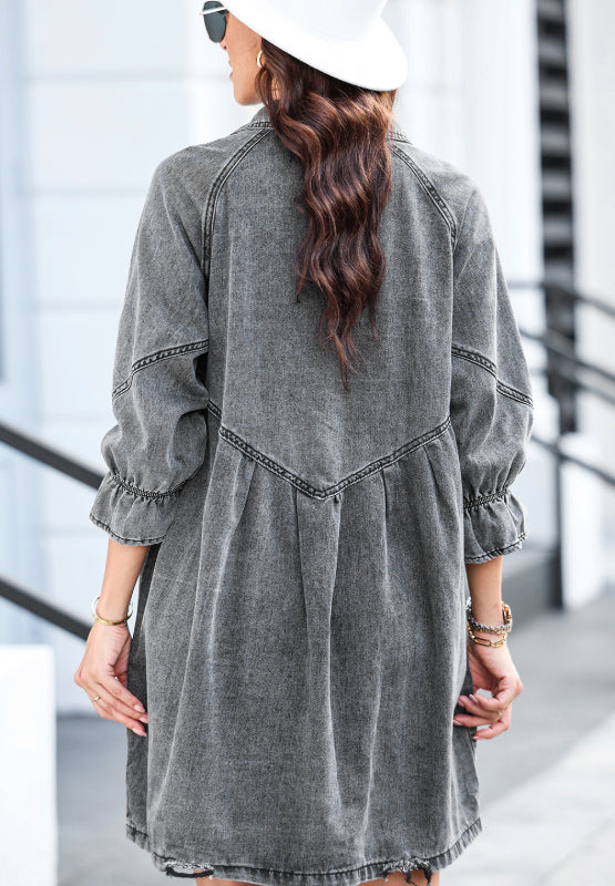 Baylor Distressed Collared Neck Flounce Sleeve Denim Dress | URBAN ECHO SHOP