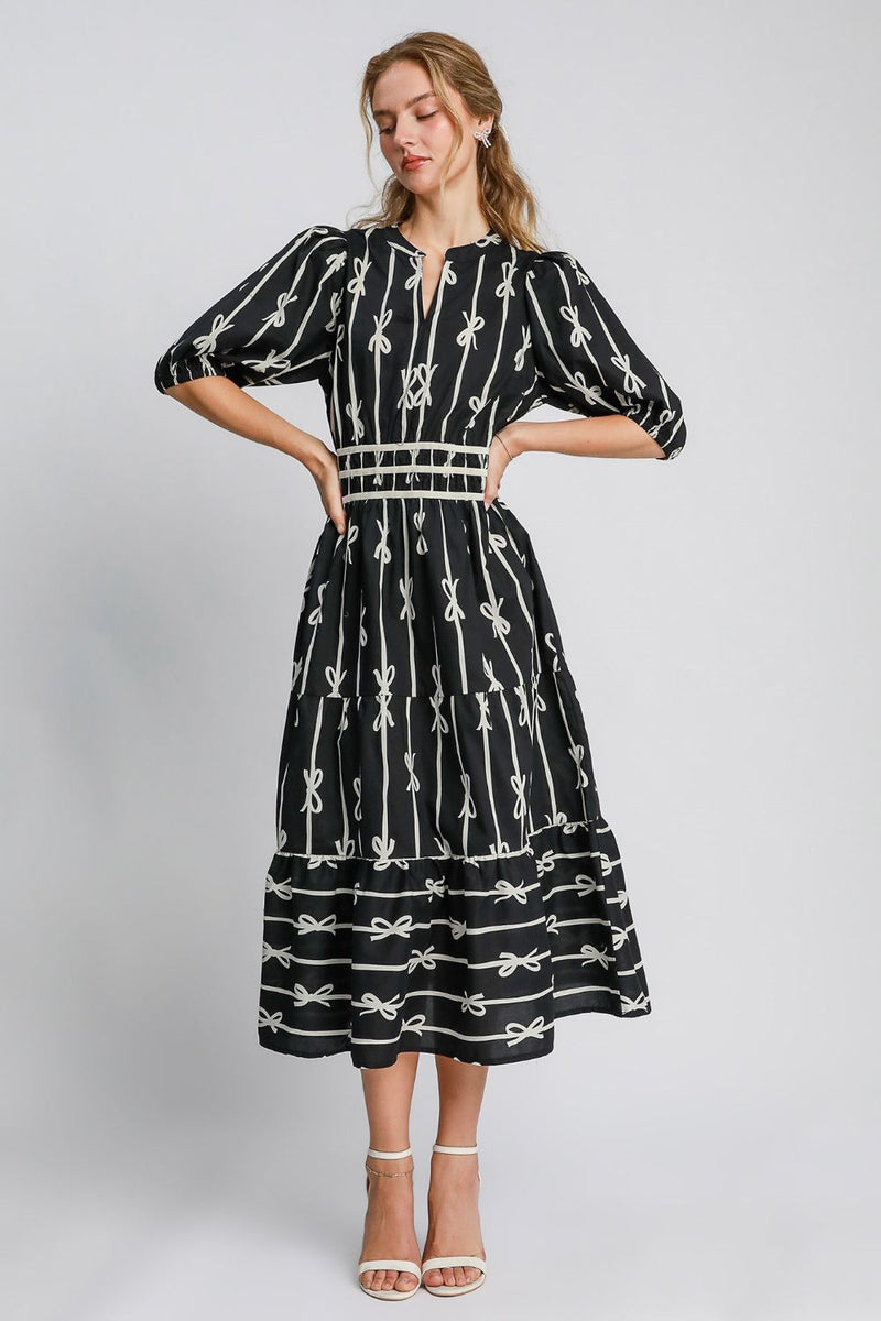 Umgee Bow Tie Print Velvet Trim Midi Dress | URBAN ECHO SHOP