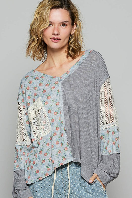 POL Floral Crochet Patch V-Neck Top in Gray | URBAN ECHO SHOP