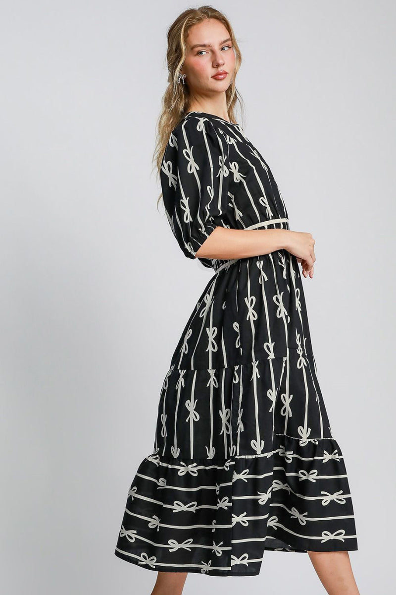 Umgee Bow Tie Print Velvet Trim Midi Dress | URBAN ECHO SHOP