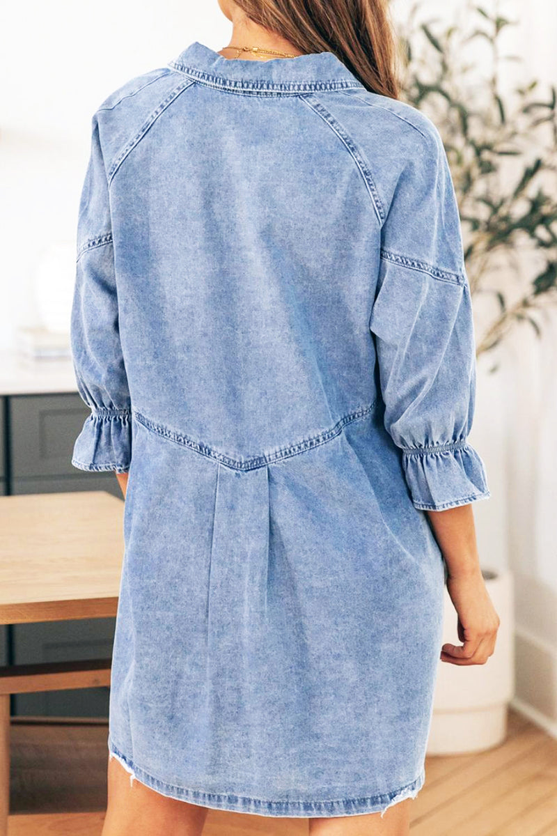 Baylor Distressed Collared Neck Flounce Sleeve Denim Dress | URBAN ECHO SHOP