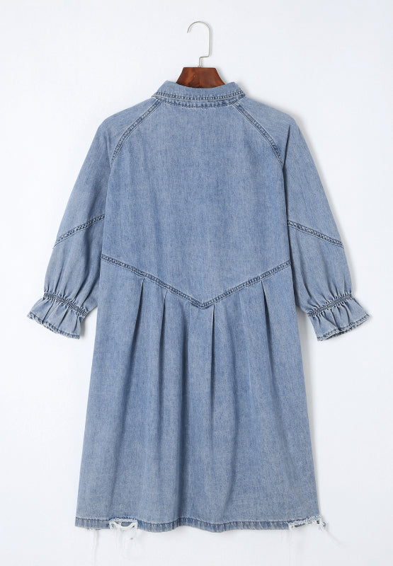 Baylor Distressed Collared Neck Flounce Sleeve Denim Dress | URBAN ECHO SHOP