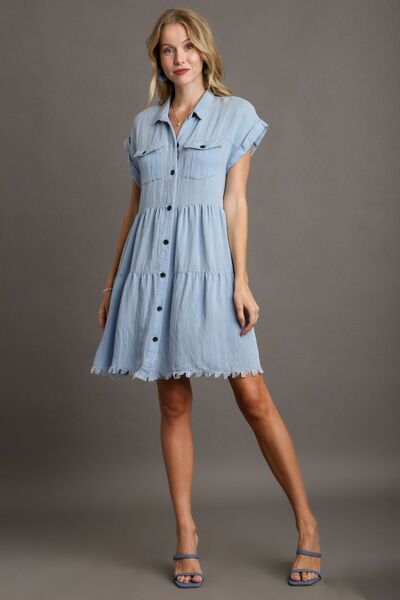 Umgee Frayed Hemline Button Down Shirt Dress1