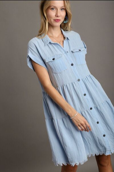 Umgee Frayed Hemline Button Down Shirt Dress2