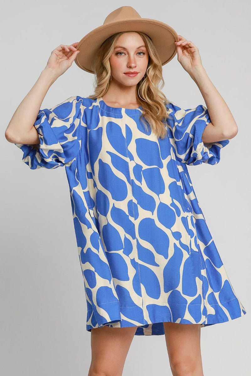 Umgee Two Tone Abstract Print Puff Sleeve Dress in Blue | URBAN ECHO SHOP