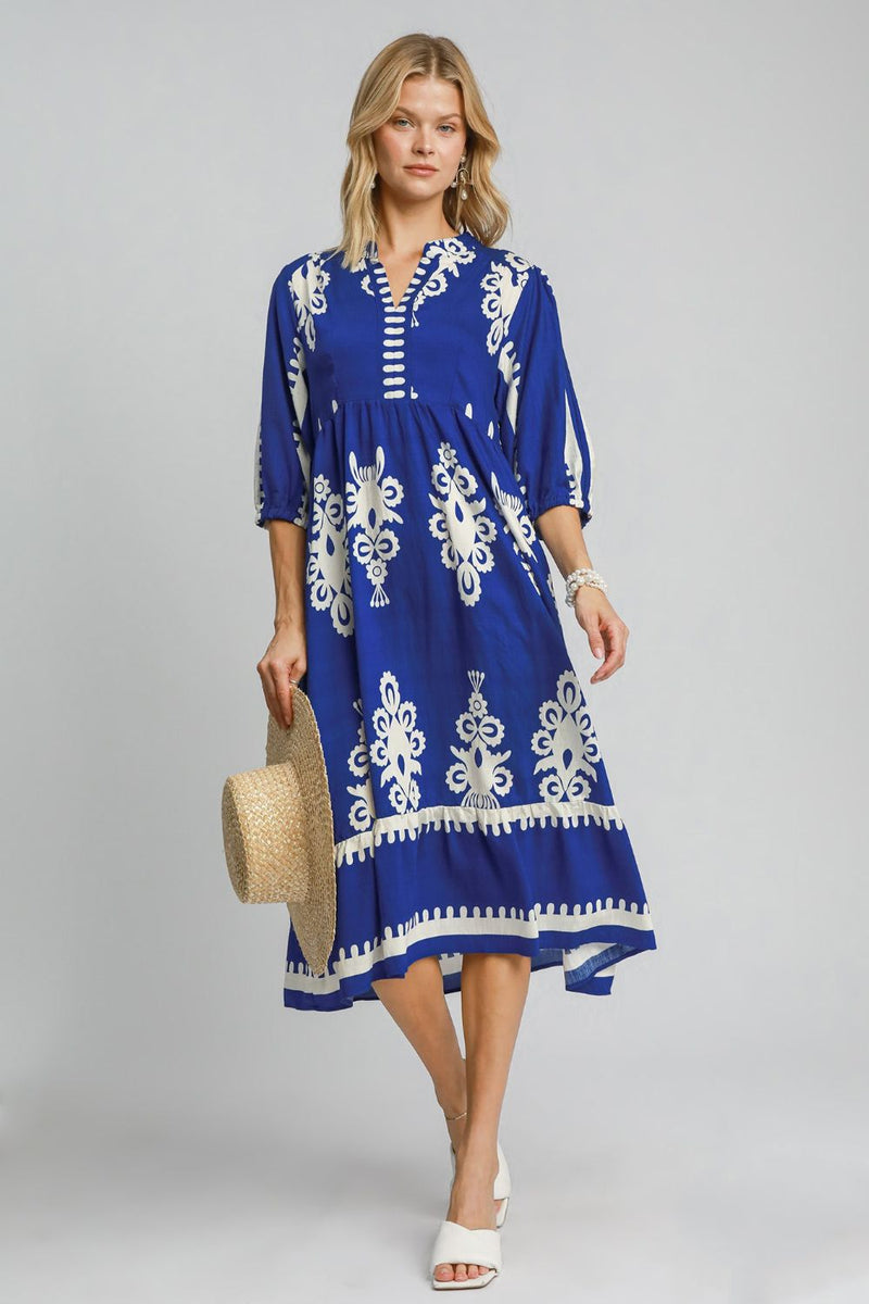 Umgee Printed Notched Midi Dress in Royal Blue | URBAN ECHO SHOP