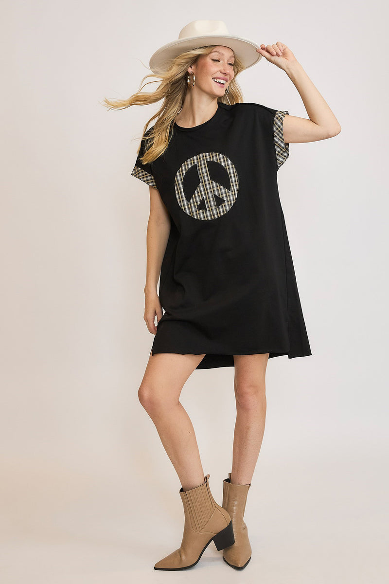 Umgee Peace Plaid Applique Short Sleeve Mini Dress | URBAN ECHO SHOP