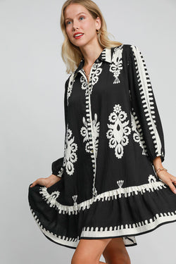 Umgee Border Print Button Down Ruffled Hem Dress | URBAN ECHO SHOP