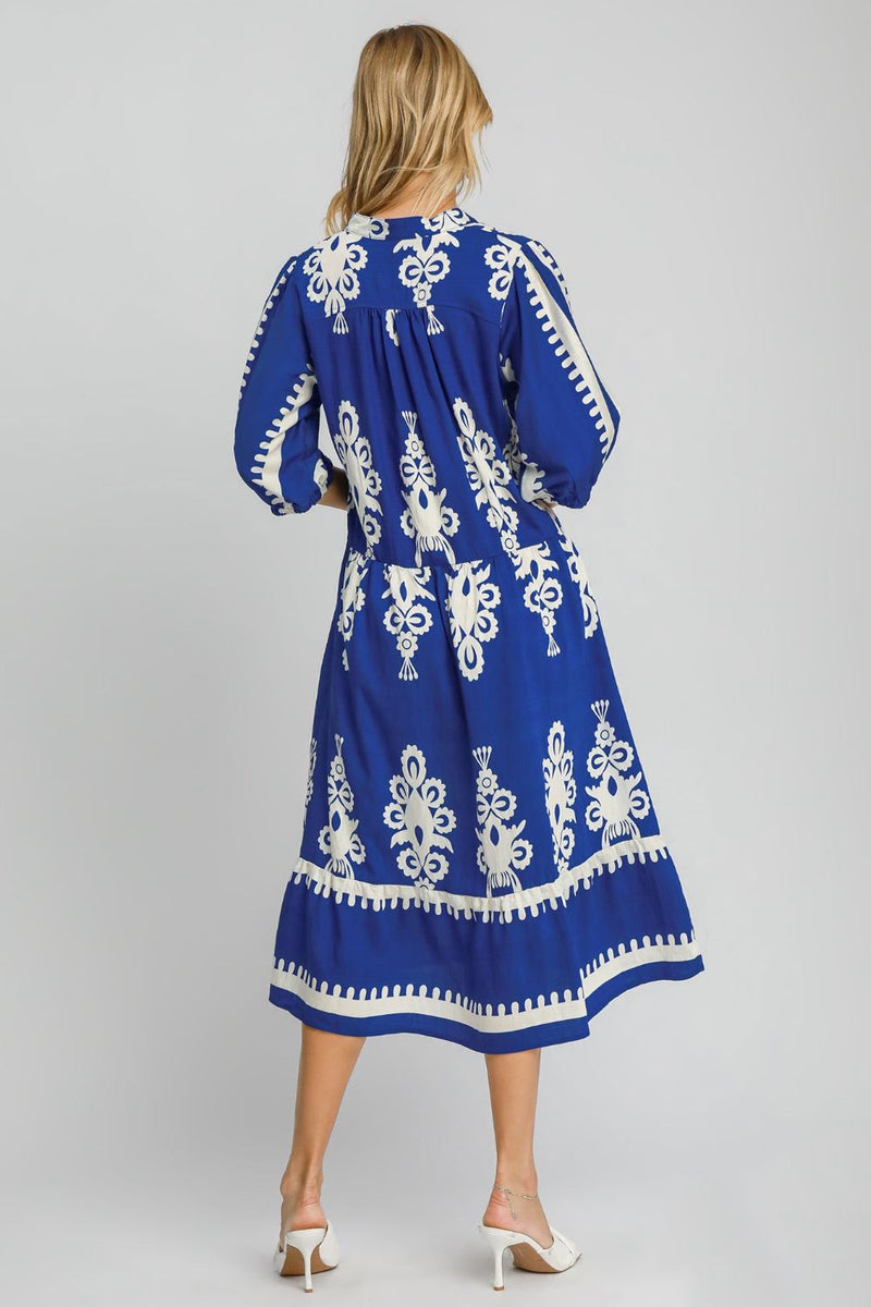 Umgee Printed Notched Midi Dress in Royal Blue | URBAN ECHO SHOP