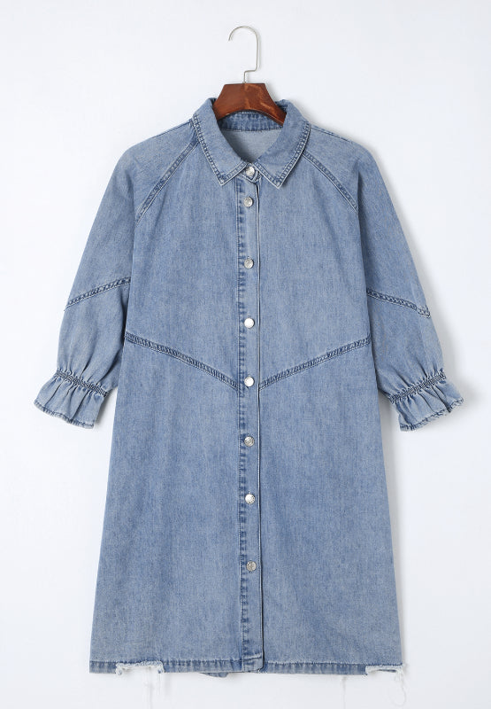 Baylor Distressed Collared Neck Flounce Sleeve Denim Dress | URBAN ECHO SHOP