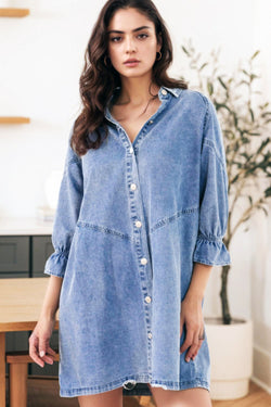 Baylor Distressed Collared Neck Flounce Sleeve Denim Dress | URBAN ECHO SHOP