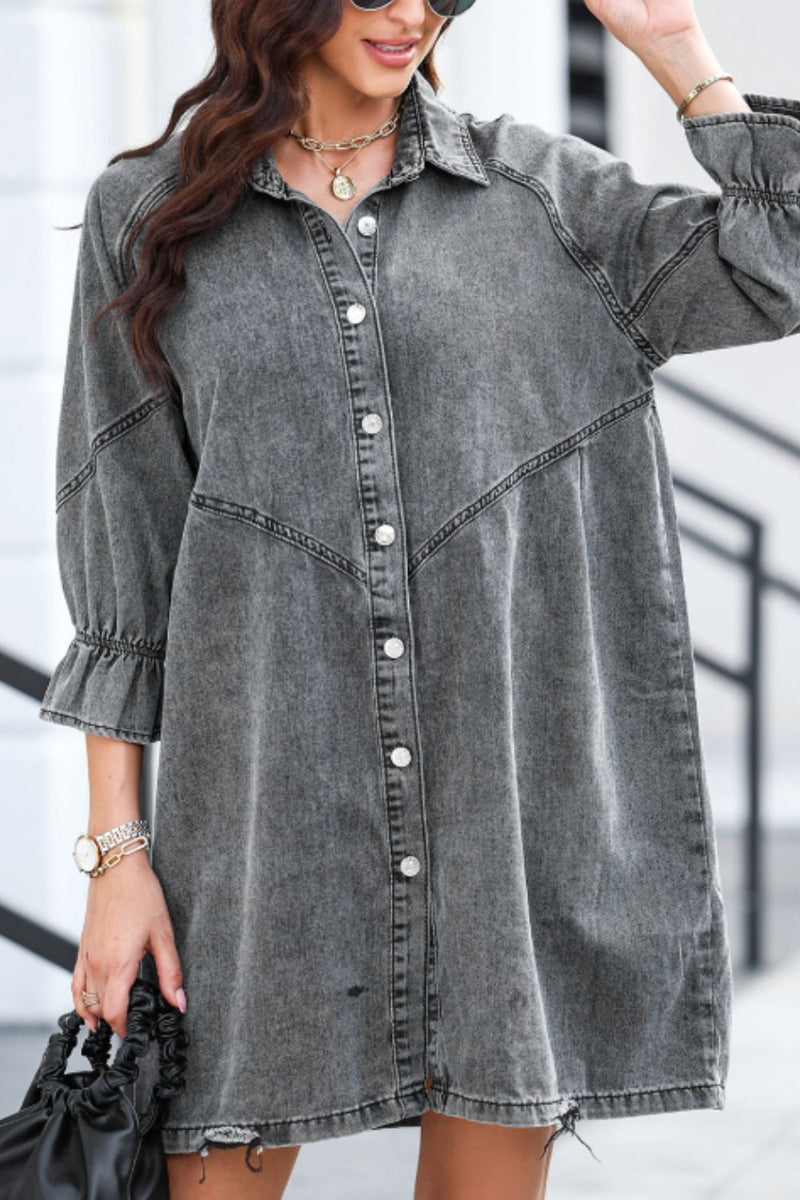 Baylor Distressed Collared Neck Flounce Sleeve Denim Dress | URBAN ECHO SHOP