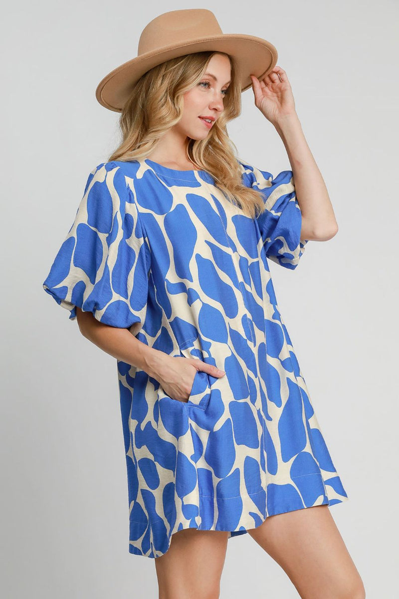 Umgee Two Tone Abstract Print Puff Sleeve Dress in Blue | URBAN ECHO SHOP