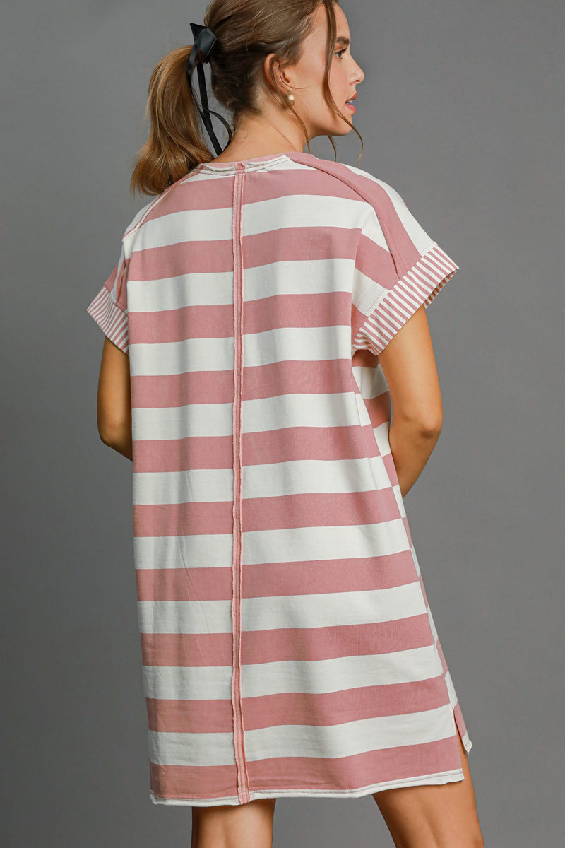 Umgee Peace Applique Striped Short Sleeve Mini Dress in Pink | URBAN ECHO SHOP