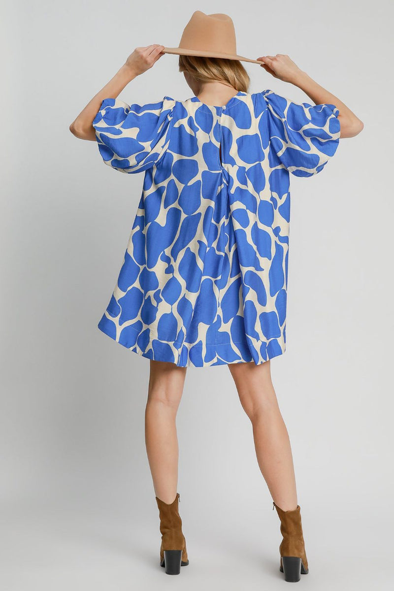 Umgee Two Tone Abstract Print Puff Sleeve Dress in Blue | URBAN ECHO SHOP