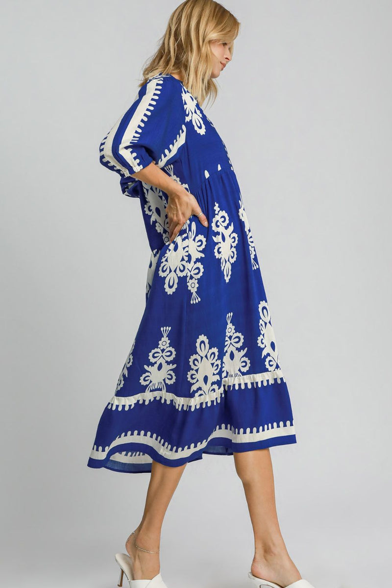 Umgee Printed Notched Midi Dress in Royal Blue | URBAN ECHO SHOP