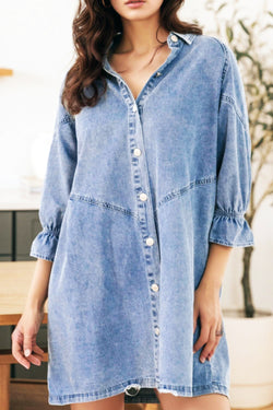 Baylor Distressed Collared Neck Flounce Sleeve Denim Dress | URBAN ECHO SHOP