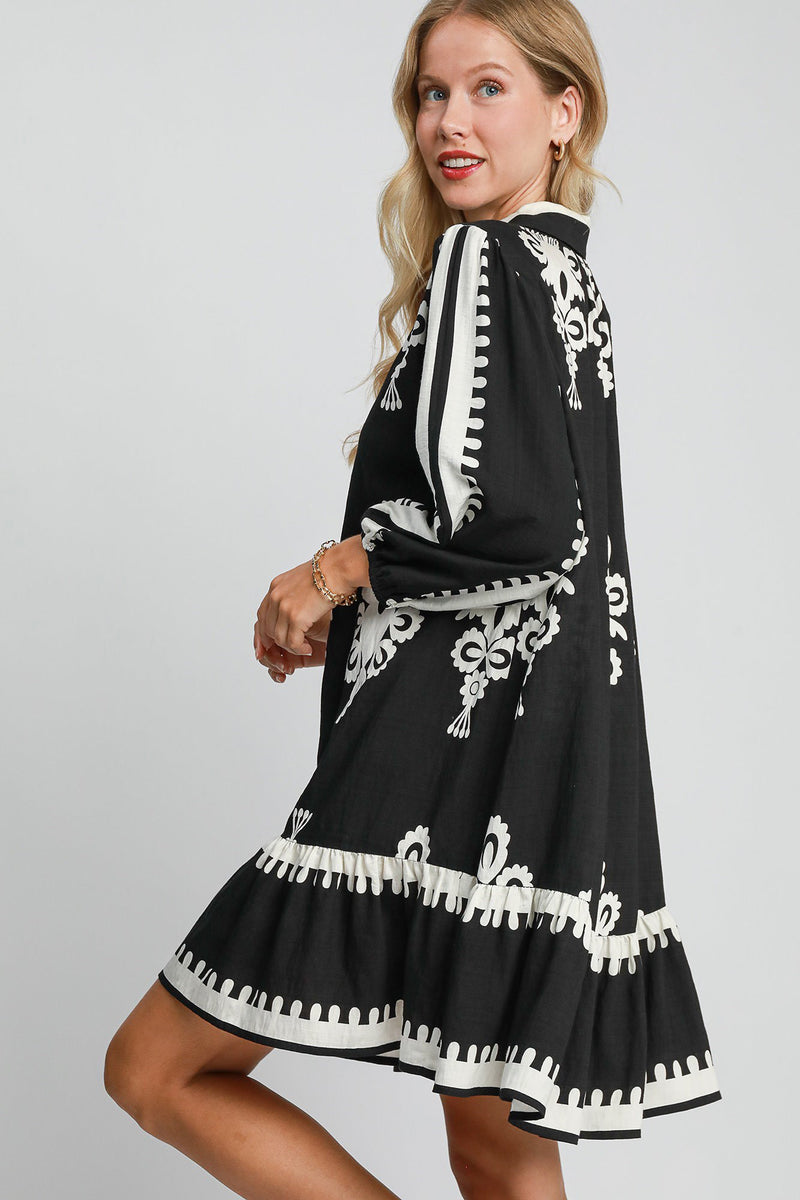 Umgee Border Print Button Down Ruffled Hem Dress | URBAN ECHO SHOP