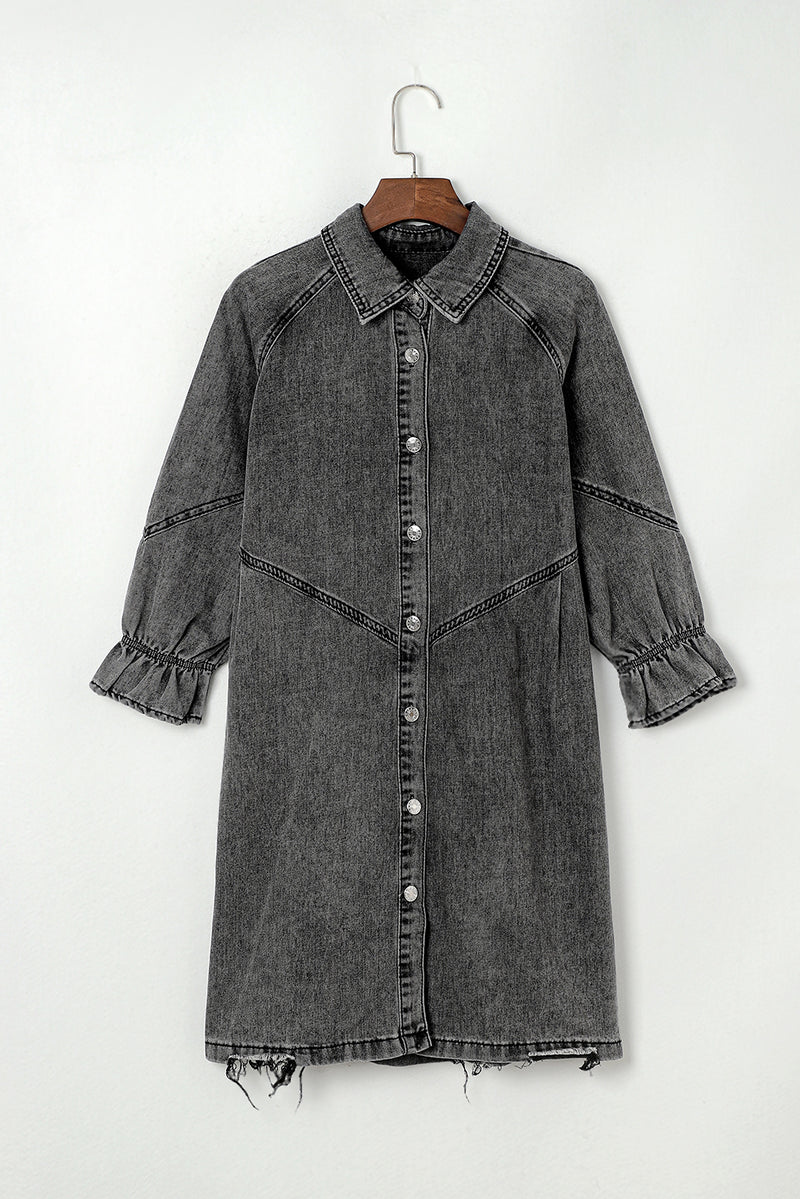 Baylor Distressed Collared Neck Flounce Sleeve Denim Dress | URBAN ECHO SHOP