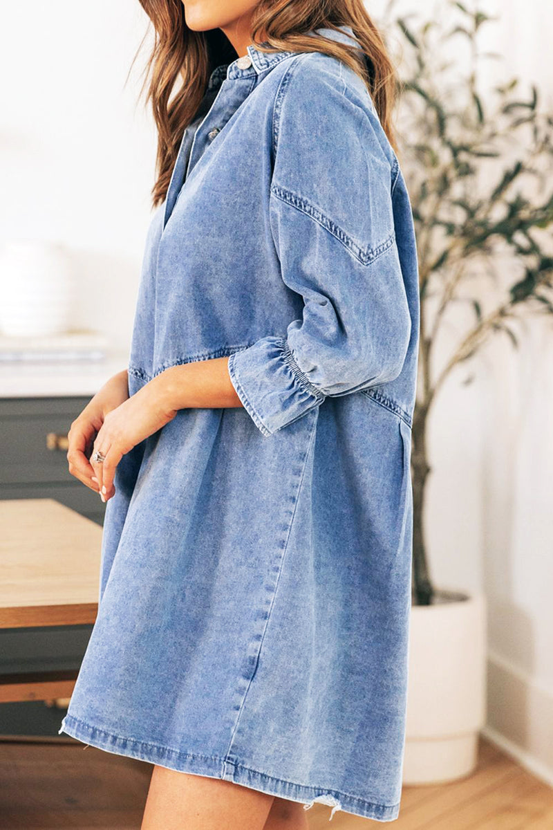 Baylor Distressed Collared Neck Flounce Sleeve Denim Dress | URBAN ECHO SHOP