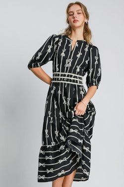 Umgee Bow Tie Print Velvet Trim Midi Dress | URBAN ECHO SHOP